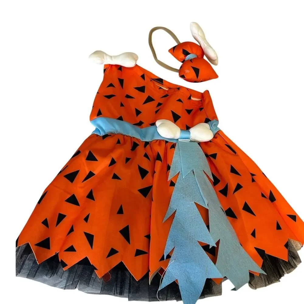 Pebbles Flintstone Halloween Costume bright orange, black triangles & hair band